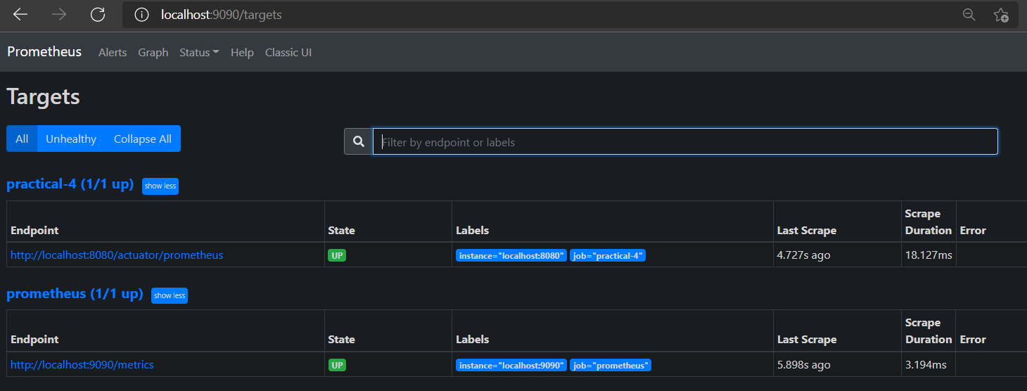 Screenshot depicting a list of Prometheus scrape targets