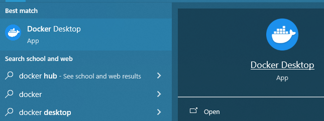 Contoh shortcut aplikasi Docker Desktop di Start Menu Windows